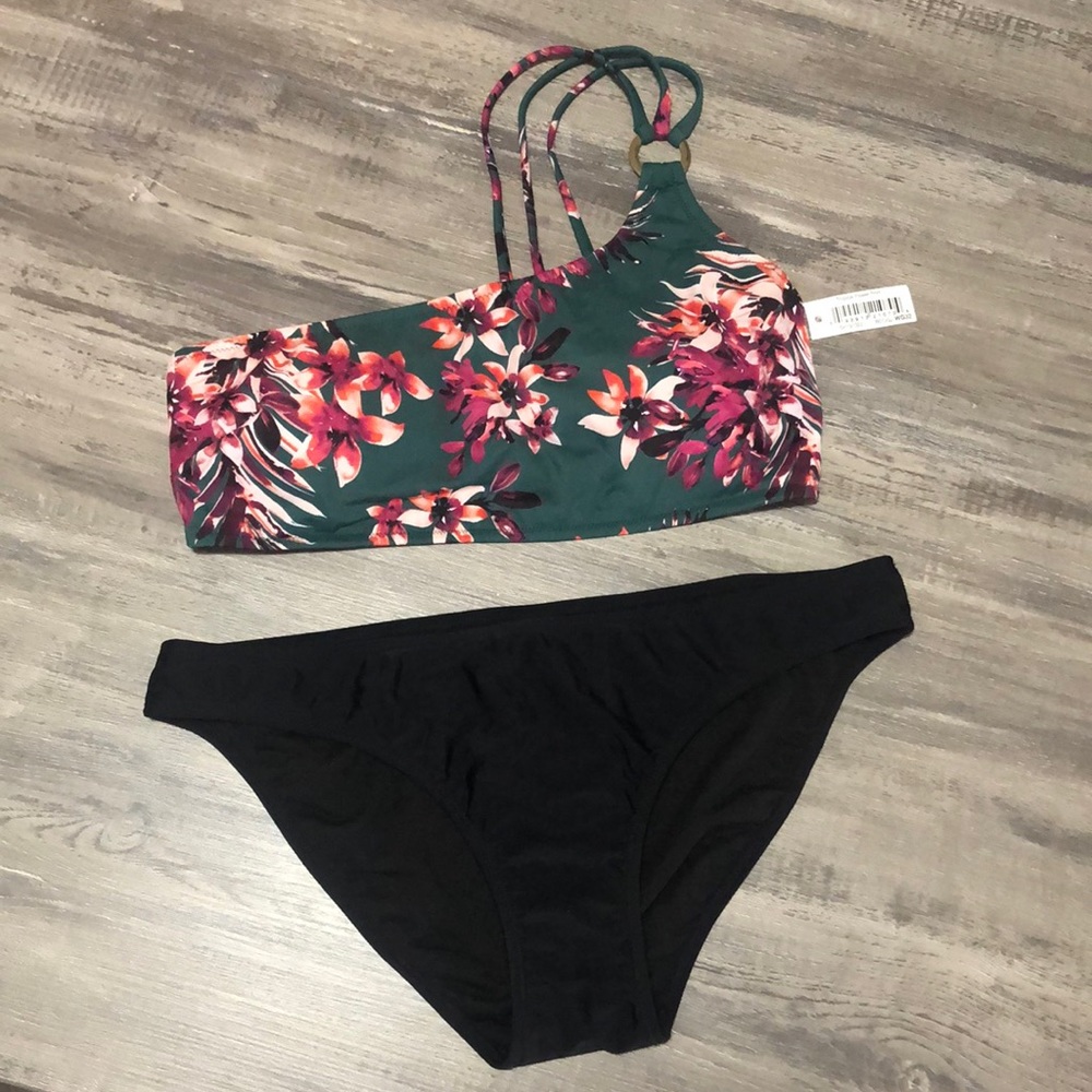 Womens One Should Floral Print 2 Piece Bikini Set Black Botton Bathing Suit Sz L